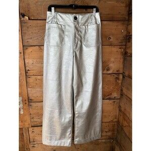 Anthropologie Maeve Pants Womens 29T The Colette Wide-Leg Faux Leather Silver